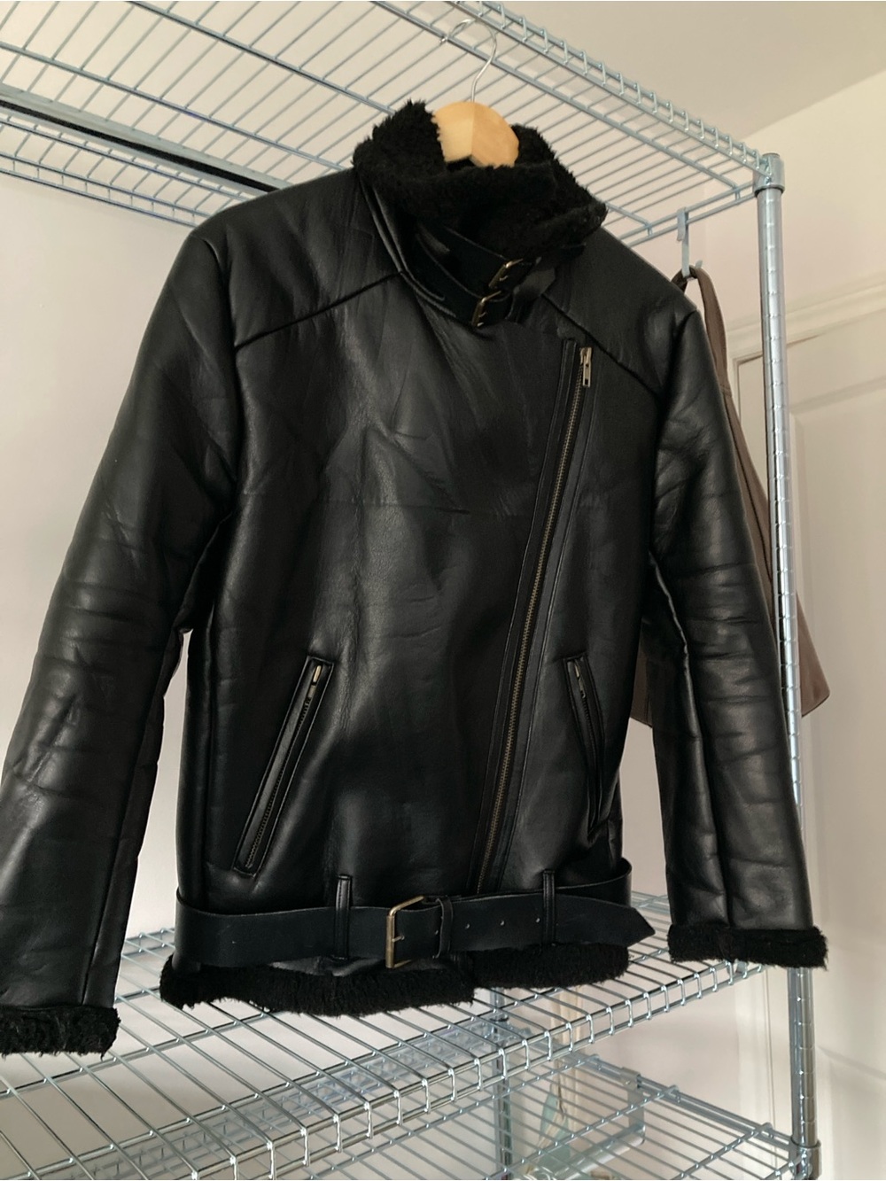 OAK + FORT Black Faux Leather Moto Jacket with Shearling Trim